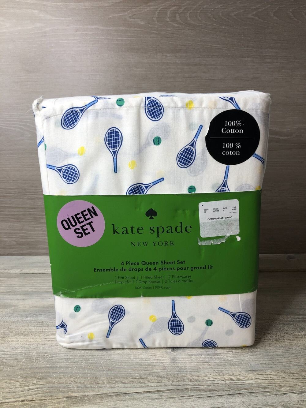 Kate Spade New York Queen Sheet Set 100% Cotton Tennis Racket 4 Piece New